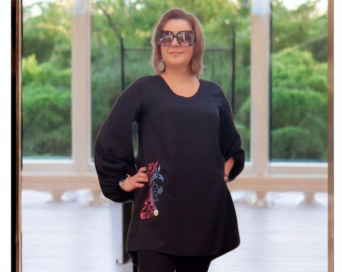 Black tunic, embroidered tunic, women's clothes, blouse