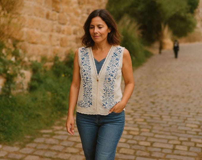 Upcycled Linen Vest with Embroidery & Denim Back – Handmade – M/L Size