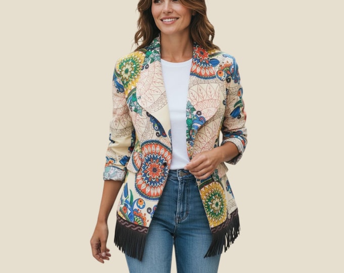 Women's beige and brown leather fringe coat, size 42