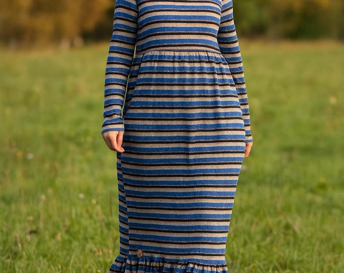 Handmade striped dress Cotton knit striped dress with frill Women dress Cotton dress