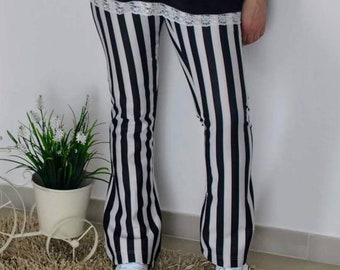 Women's flared trousers with black and white striped crepe fabric size M