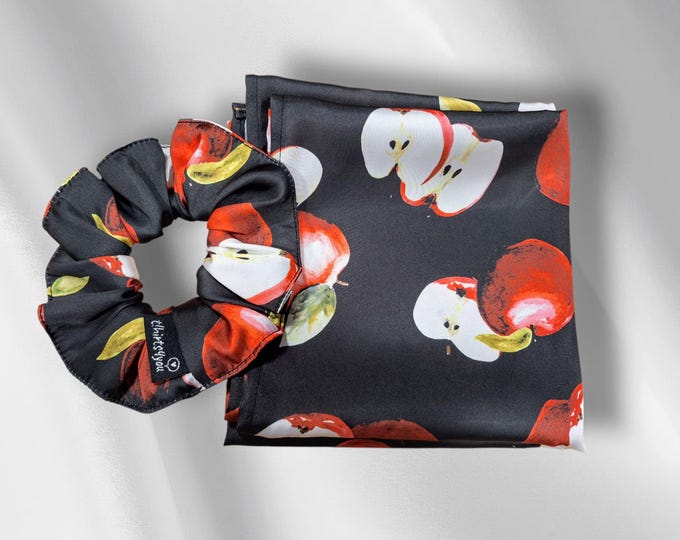 Apple Print Satin Scrunchie + Scarf Set – Handmade