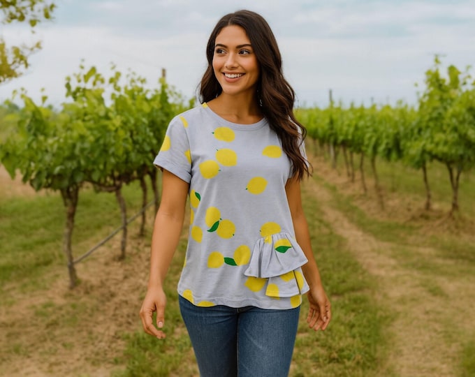 Lemon print women’s t-shirt | Handmade summer blouse | Ruffle detail top | Unique pastel shirt | Made in Portugal