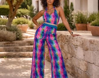 Colorful Cotton Jumpsuit Wide Leg Women Elegant Summer Jumpsuit Wedding Guest One of a Kind