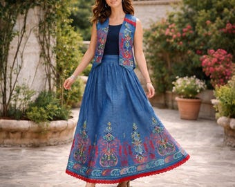Conjunto de falda vaquera bordada bohemia | Falda larga bohemia con chaleco | Conjunto único para mujer | Estilo festival | Elegante conjunto de falda larga bordada