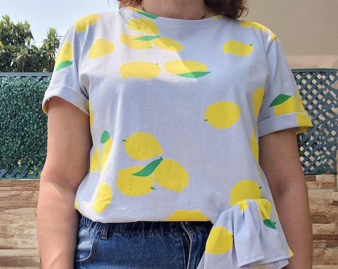Lemon print women’s t-shirt | Handmade summer blouse | Ruffle detail top | Unique pastel shirt | Made in Portugal
