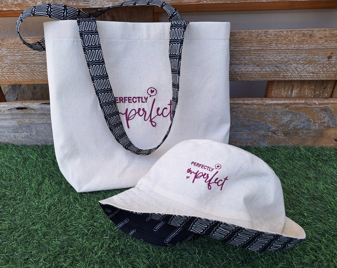 Perfectly Imperfect/ Tote bag + panama set in raw cloth and capulana / Hats /Bags /Handbags /Women's Bag /Eco-friendly bag /Fabric Hat