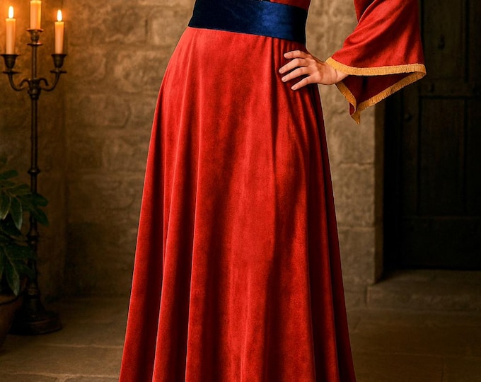 Medieval dress in red velvet with blue sash size M