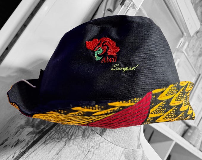 Handmade Panama Hat in Capulana and Twill – Unique African Style with "April Always" embroidery