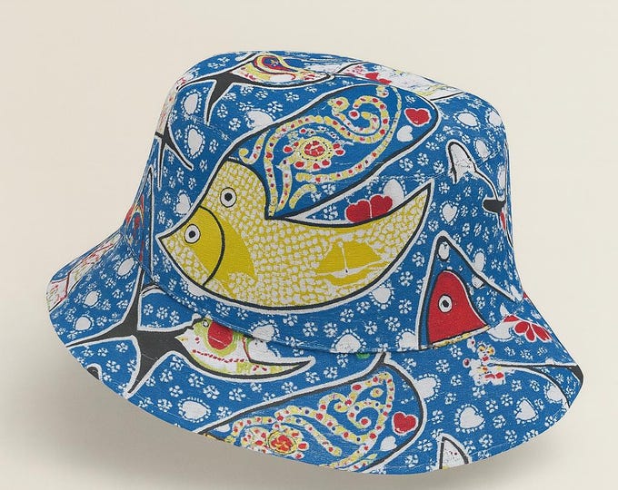 Reversible Panama Hat, Handmade in Portugal, Washable, Summer Style Portuguese Style Summer Hat with Sardines and Hearts, Unisex