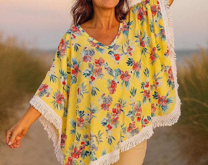 Yellow floral poncho with fringes – light, fresh and handmade – ideal for summer and the beach