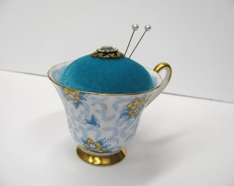 Teacup Pin Cushion - Aqua Teal and Gold Floral Tea Cup with Aqua Velvet and Vintage Jewellery - Aqua and White Pin Cushion