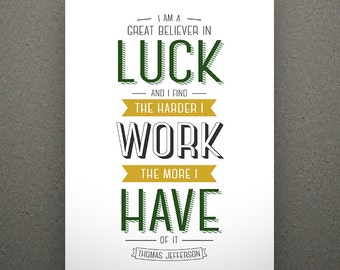 Printable Luck Hard Work quote - Thomas Jefferson - St. Patrick's Day luck decor, 8x10 printable - INSTANT DOWNLOAD wall art, inspirational