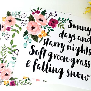 Printable SET - Girl Floral Lullaby Wall Art - Cute Nursery or Girl&#39;s Room Art &quot;Sunny Days&quot; Watercolor Flowers