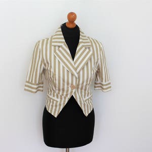 Gestreepte Blazer Vintage Bruin Wit Gestreepte Blazer Cropped Katoenen Jas Cocktail Party jas 3/4 Korte Mouwen Kleine maat