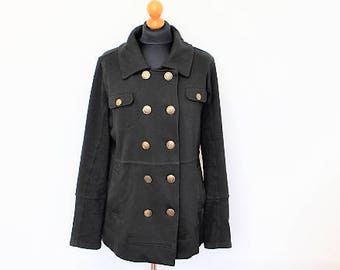 Black Military Coat Womens Jersey Trench Soft black Trench coat Metal buttons Double Breasted Black Blazer Military Medium
