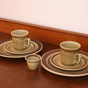 Stavangerflint Cup and saucer Norway Kitchenalia Retro Vintage 1960s Stavangerflint Norway Tea Coffee cup Olive Green Brown pattern set of 3