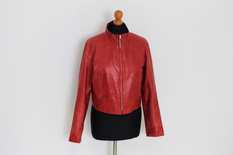 Red Leather Jacket Womens Vintage Er Short Coat Zip Military Rockers Bikers Style Medium To Large