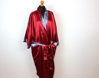 Asian Robe Reversible Teal Red  Dragon on Back Gray Red Vintage Asian Homewear 3/4 sleeve Exotic Chinese Oriental Robe Large to XL