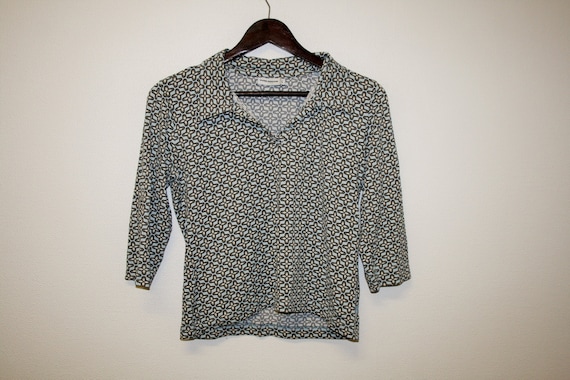 Jersey Shirt Stretchy Blouse Abstract Print Top 70s 80s Boho Shirt White Blue Brown  3/4 sleeves Medium to  Large Size