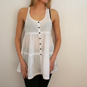 White Cotton Tunic Sleeveless  White Summer Blouse Boho Hippie Folk Style  Feminine Sleeveless Summer Buttons up  Cotton Dress Medium Size
