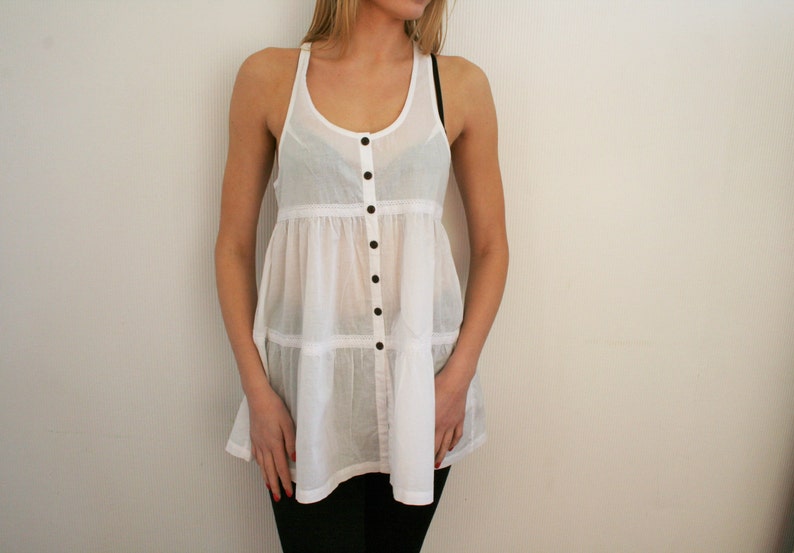 White Cotton Tunic Sleeveless White Summer Blouse Boho Hippie Folk Style Feminine Sleeveless Summer Buttons up Cotton Dress Medium Size