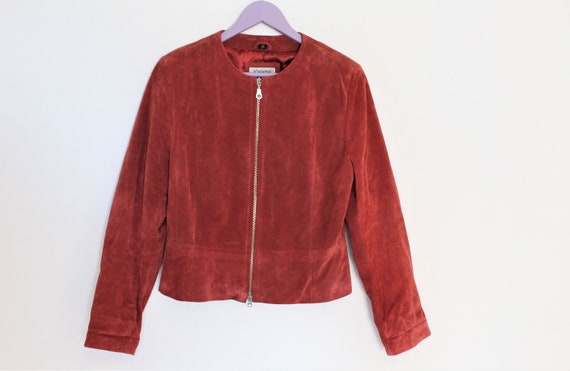 Red Leather Jacket JOFAMA Vintage Red Suede Bombe… - image 4