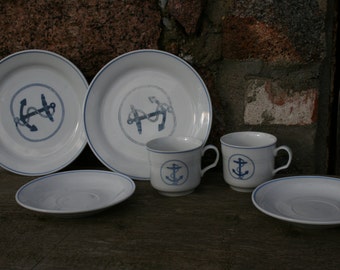 Lotus Porcelain 50s Scandinavian Tableware Teacup & Saucer,Plate Set of 3 Norwegian  China Anchor Motif Coffee cup Tea Cup
