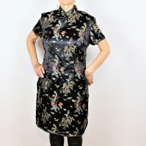 Asian Tunic Oriental Robe Black Gold Dragon Vintage Asian Dress Homewear Short sleeve Exotic Chinese Oriental Robe Medium to Large Size
