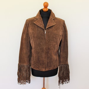Braune Wildlederjacke mit Fransen Damen Echtes Wildleder Kurzer Trenchcoat einreihig braun Wildleder Blazer Hippie Boho Medium bis Groß