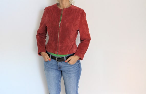 Red Leather Jacket JOFAMA Vintage Red Suede Bombe… - image 2