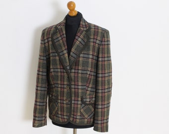 Blazer in tweed Giacca da donna in tweed a quadretti marrone vintage verde vintage Blazer scozzese marrone aderente in misto lana con toppe sui gomiti Large