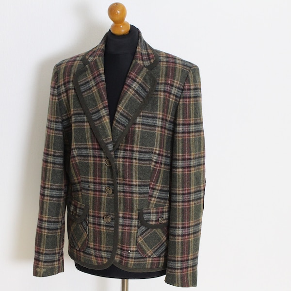 Tweed Blazer Womens Vintage Brown Green Checkered Tweed Jacket Wool Blend Fitted Brown Plaid  Blazer with elbow patches Large