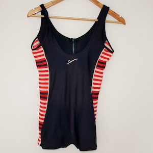 One Piece Swimsuit Retro swimsuit with shapely boy-cut legs Swimsuit Blue Red White Ziped Swimsuit Vintage Bathing Suit Medium Large size