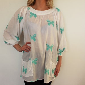 White  Cotton Tunic Green Embroidered Butterflies Boho Hippie Top Long sleeve Shirt   Loose Fit Blouse Folk Style Large Size