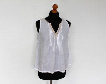 White Cotton Blouse Boho Hippie Top Peasant Folk Style  Feminine Short Sleeveless Shirt  XS to Small Size