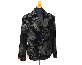 Black Velvet Jacket KLEMENTI Brown Black Floral Velvet Blazer Boho Black Floral Velvet Coat  Xl Large