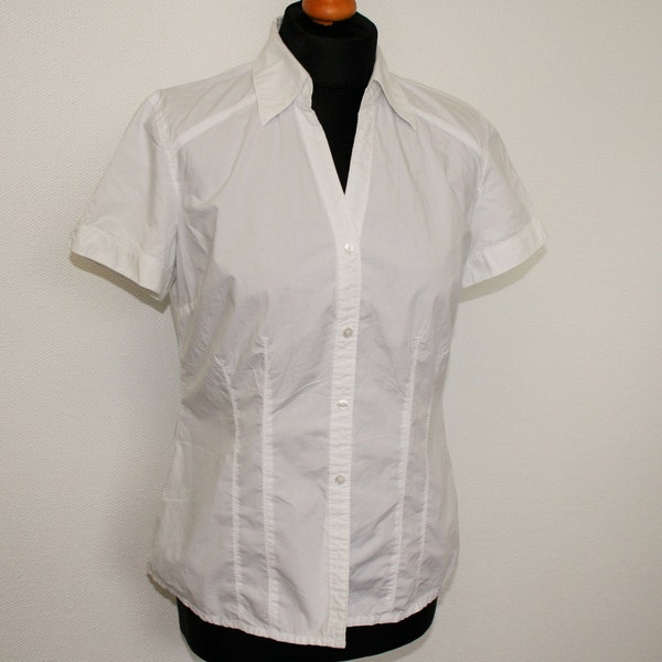 White Cotton Blouse Fitted Stretchy S.OLIVER Short Sleeve White Shirt Button Up Classic White Office Blouse Strech Medium Size