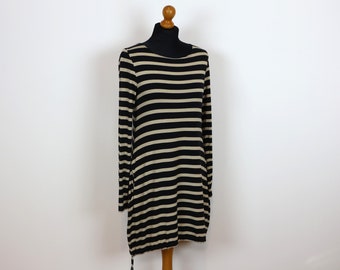 Striped Dress Black Beige RITVA FALLA Stripy Maxi Roundneck Dress Oversized Nautical Striped Sailor Dress Marine Long Sleeves XS Small Size