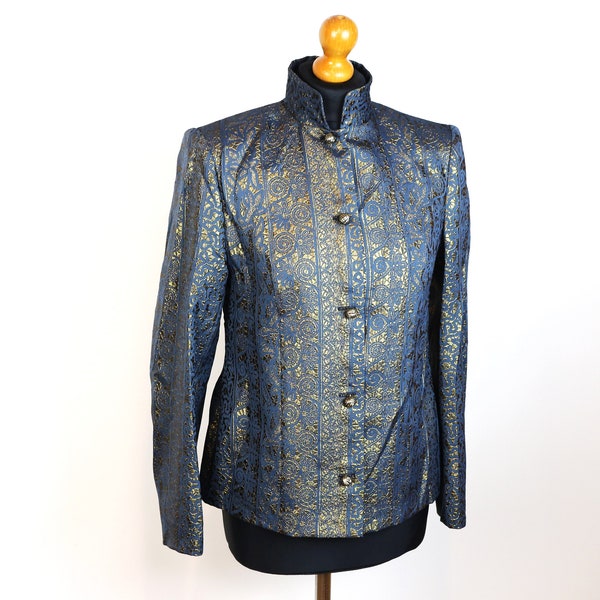 Veste d’or asiatique Soie exotique chinoise Blazer oriental Veste d’or marine Blouse de brocart asiatique petite à moyenne taille