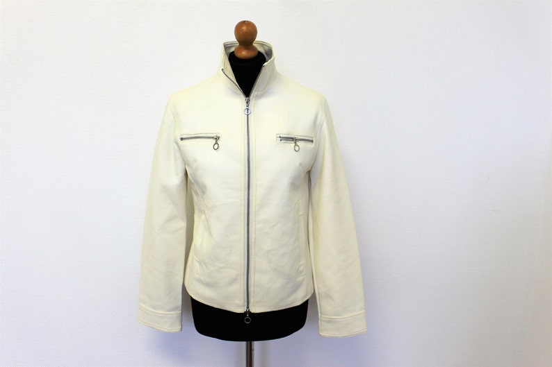Womens White Vegan Leather Jacket Zipped Faux Blazer Ivory Er Biker Military Rockers Um Size