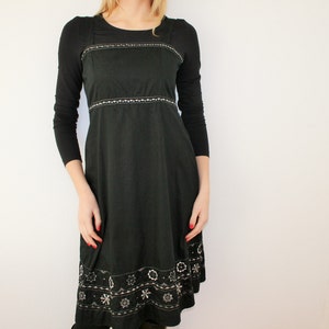 Embroidered Folk Jumper Dress Black Cotton Dress  Boho Hippie Sarafan Peasant Folk  Feminine Sleeveless Overalls Strap Dress Medium Large