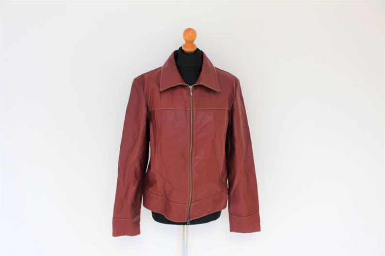 Red Leather Jacket Womens Vintage Short Coat Blazer Military Rockers Bikers Style Medium To Large Size