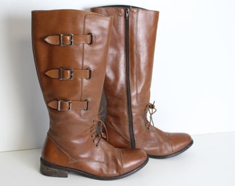 Stivali Tall Brown Leather Donna Da sole Stivali Da Sole Buckle Western Leather Boot Knee High Size 39 EU; Regno Unito 5.5; Stati Uniti 8