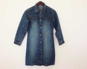 Denim Trench manteau Métal Boutons jusqu'à femme lavé bleu Denim Dress Jean Trench Dress Long Sleeves Robe Denim Robe XS Small Size