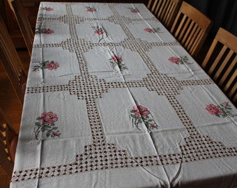 Antique Vintage Table cloth Large Pink Roses Hand sewn Hand embroidered 30s Large Scandinavian Table Runner Cross stich Cottage Chic 90"x61"