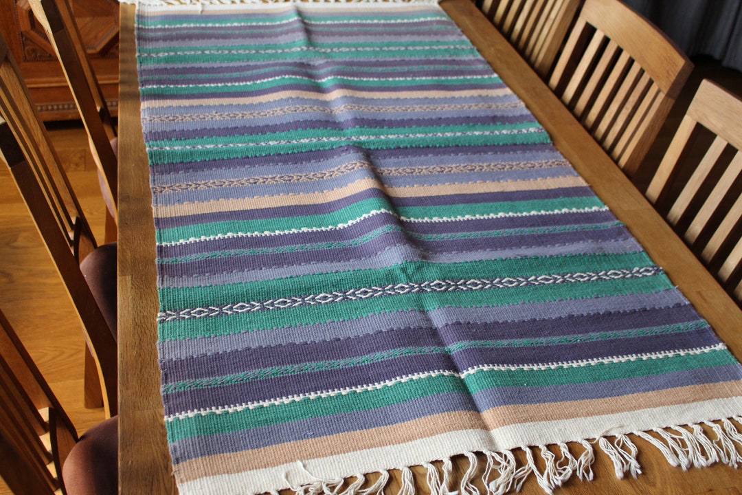 Vintage Rag Rug Runner Table Runner Green Purple Fringe Rustic Swedish ...