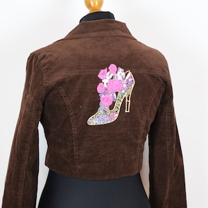 Brown Corduroy Jacket Womens Classic Cropped Brown Corduroy Blazer Embroidered  Bolero corduroy blazer  Small to Medium Size