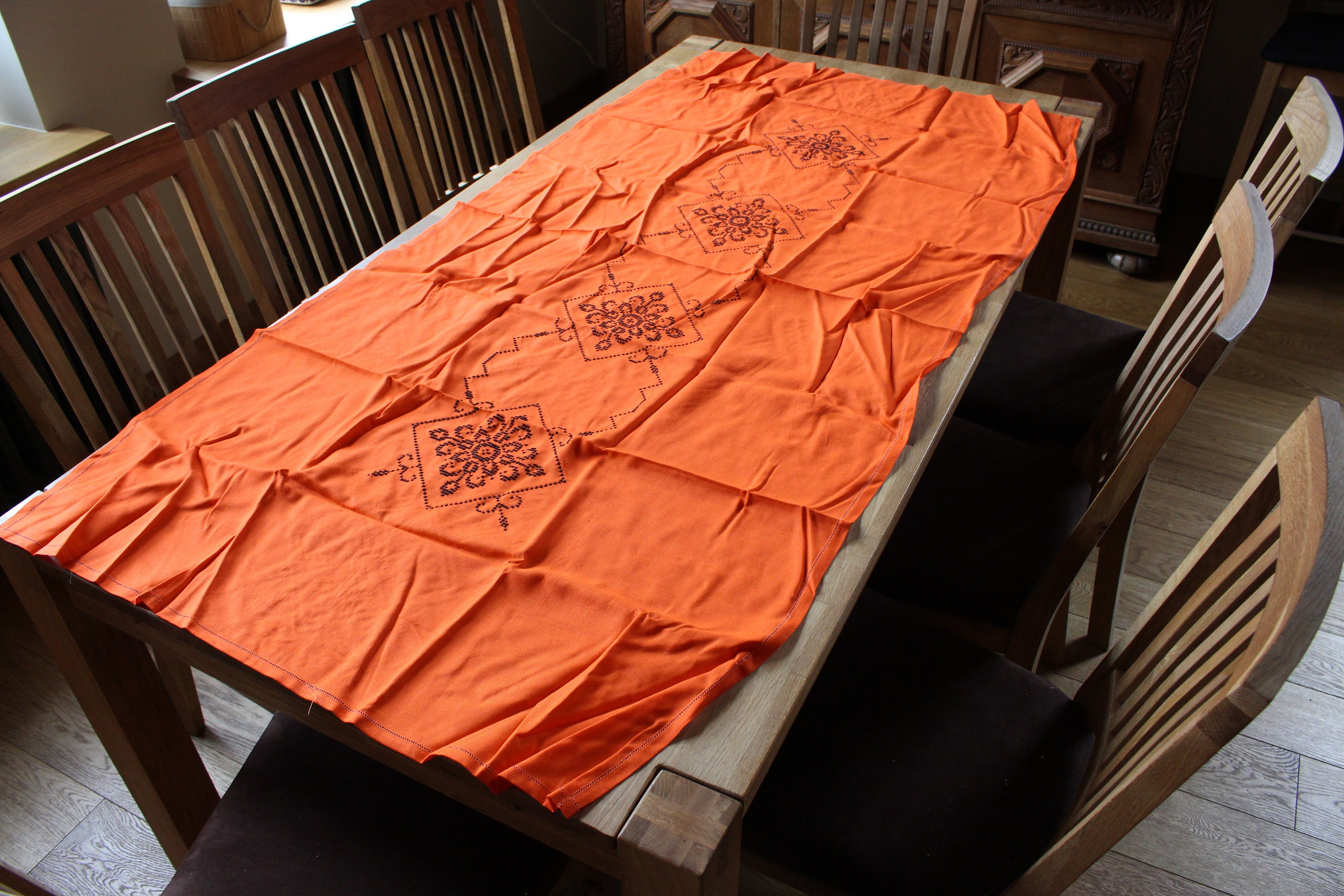 Orange Linen Table Runner Black Cross stitch Embroidered Table Etsy