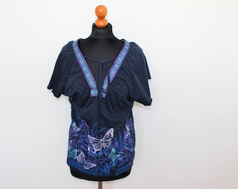Navy Peasant Blouse Blue Organic Cotton Blouse  Embroiderede PurpleTunic Floral Womens Shirt Blue Summer Folk Boho Hippie Loose top Medium